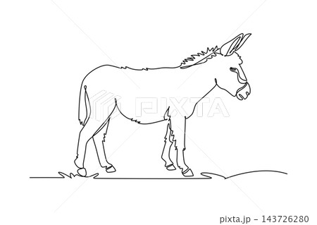 Continuous one line drawing a wild donkey standing peacefully in side profile, its upright ears, bristled mane, calm expression, and sturdy hooves. Single line draw design vector graphic illustration Continuous one line drawing a wild donkey standing peacefully in side profile, its upright ears, bristled mane, calm expression, and sturdy hooves. Single line draw design vector graphic illustration 143726280