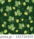Green Hops and Leaves Seamless Pattern with Splatter on Dark Green Background 143726505