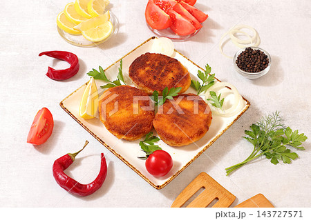 Soy meat patties,vegetarian and vegan food, containing no meat products. Preparation of wholesome, gourmetstyle meals, promoting healthy eating. menu for cafe , banner for fastfood establishment. 143727571