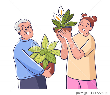 Gardeners Sharing Potted Houseplants Cartoon Gardeners Sharing Potted Houseplants Cartoon 143727806