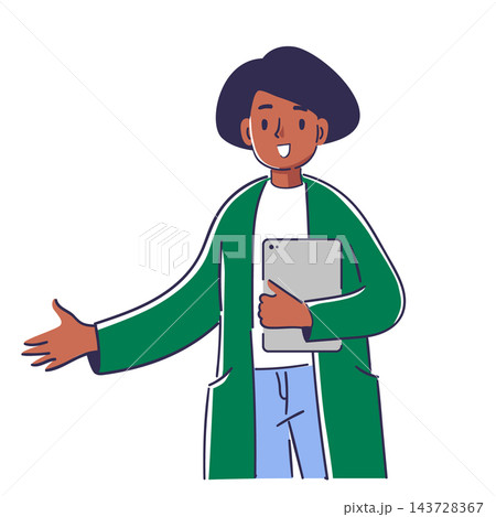 Teacher Presenting With Tablet Cartoon Teacher Presenting With Tablet Cartoon 143728367