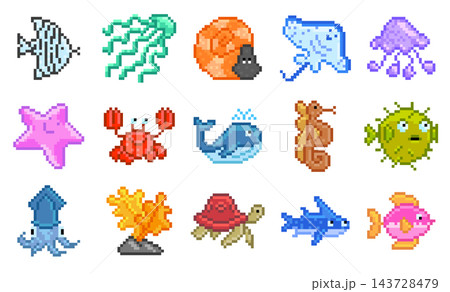 Sea Animals Pixel Icons Set 143728479