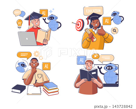 Student Learning With AI Assistant Cartoon Student Learning With AI Assistant Cartoon 143728842