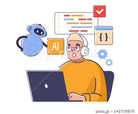 Developer Coding With Ai Assistant Cartoonのイラスト素材 [143728970] - PIXTA