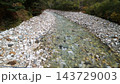 丸い石が広がる河原と、水底の石が透けて見える澄んだ浅い流れ 143729003