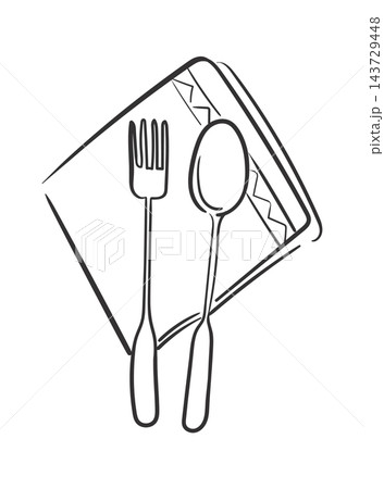 Fork And Spoon On Napkin Line Art Fork And Spoon On Napkin Line Art 143729448