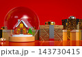 Magical Christmas Snow Globe with Golden Gift Boxes on Festive Red Background 3d render. 143730415