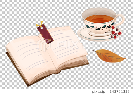 插圖描繪了一本打開的書、一枚書籤和一杯茶。 插圖描繪了一本打開的書、一枚書籤和一杯茶。 143731335