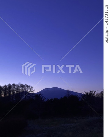 紫色の空に浮かぶ夕暮れの浅間山と樹木のシルエット 143731518