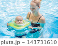 Mother and baby enjoying a water activity with a neck float in an outdoor pool. 143731610
