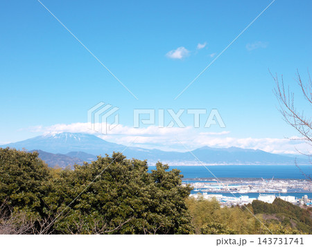 緑豊かな木々と清水港越しに望む冠雪の富士山 緑豊かな木々と清水港越しに望む冠雪の富士山 143731741