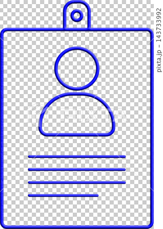 ID card icon, blue neon outline identification badge with person silhouette and text lines, employee identity card concept 143733992