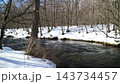 葉を落とした木々と雪に囲まれて流れる冬の川 143734457