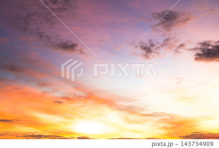 Sky sunset evening background sunrise dusk cloud dramatic orange twilight red warm sunny dawn sunshine romantic calm nature, cloudscape summer autumn spring scene, environment ecosystem energy. Sky sunset evening background sunrise dusk cloud dramatic orange twilight red warm sunny dawn sunshine romantic calm nature, cloudscape summer autumn spring scene, environment ecosystem energy. 143734909