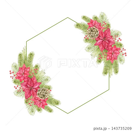Watercolor hexagon frame with red poinsettia flowers, pine branches, pine cones and red berries. Christmas floral frame for greeting cards, invitations, New Year decor, gift tags and stationery. 143735209