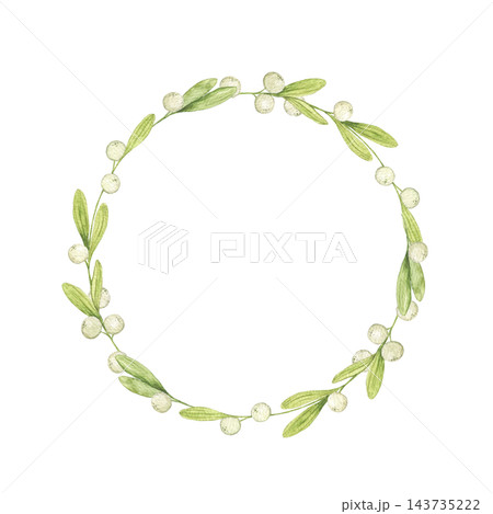 Watercolor mistletoe wreath with green leaves and white berries on thin branches. Round Christmas botanical frame for greeting cards, invitations, New Year decor, wedding stationery and gift tags. Watercolor mistletoe wreath with green leaves and white berries on thin branches. Round Christmas botanical frame for greeting cards, invitations, New Year decor, wedding stationery and gift tags. 143735222