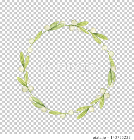 Watercolor mistletoe wreath with green leaves and white berries on thin branches. Round Christmas botanical frame for greeting cards, invitations, New Year decor, wedding stationery and gift tags. Watercolor mistletoe wreath with green leaves and white berries on thin branches. Round Christmas botanical frame for greeting cards, invitations, New Year decor, wedding stationery and gift tags. 143735222