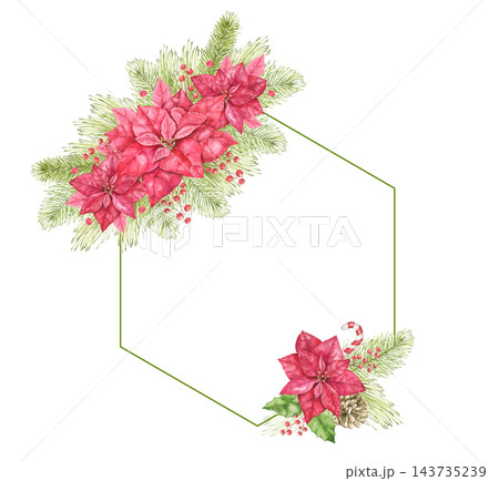 Watercolor hexagon frame with red poinsettia flowers, pine branches, pine cone, candy cane and red berries. Christmas floral frame for greeting cards, invitations, New Year decor and stationery. 143735239