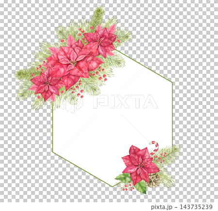 Watercolor hexagon frame with red poinsettia flowers, pine branches, pine cone, candy cane and red berries. Christmas floral frame for greeting cards, invitations, New Year decor and stationery. 143735239