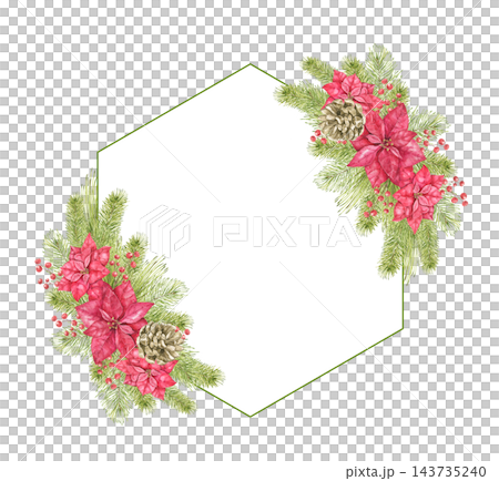 Watercolor hexagon frame with red poinsettia flowers, pine branches, pine cones and red berries. Christmas floral frame for greeting cards, invitations, New Year decor, gift tags and stationery. Watercolor hexagon frame with red poinsettia flowers, pine branches, pine cones and red berries. Christmas floral frame for greeting cards, invitations, New Year decor, gift tags and stationery. 143735240