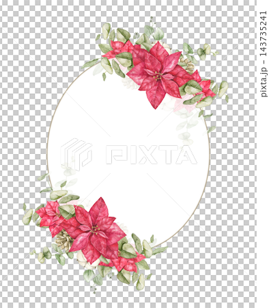 Watercolor oval frame with red poinsettia flowers, eucalyptus leaves, pine cones and cotton bolls. Christmas frame for greeting cards, invitations, New Year decor, gift tags and wedding stationery. Watercolor oval frame with red poinsettia flowers, eucalyptus leaves, pine cones and cotton bolls. Christmas frame for greeting cards, invitations, New Year decor, gift tags and wedding stationery. 143735241