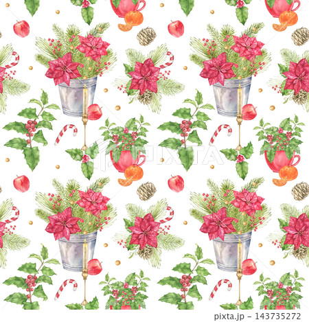 Seamless Christmas watercolor pattern with red poinsettias, festive mugs, holly, berries, orange slices and candy canes. Ideal for Christmas cards, New Year greetings, gift wrap and festive decor. Seamless Christmas watercolor pattern with red poinsettias, festive mugs, holly, berries, orange slices and candy canes. Ideal for Christmas cards, New Year greetings, gift wrap and festive decor. 143735272