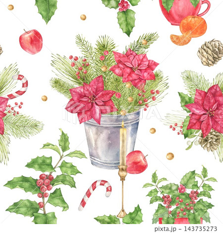 Christmas watercolor pattern with red poinsettias, decorated mugs, golden candles, holly, pine branches, berries and candy canes. Suitable for Christmas cards, New Year greetings and gift wrapping. 143735273