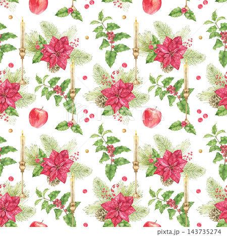 Christmas watercolor pattern with golden bells, holly leaves, green branches and red berries. Suitable for Christmas cards, New Year greetings, jingle themed decor and festive gift wrapping. 143735274