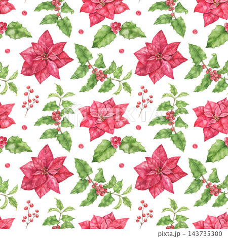 Seamless Christmas watercolor pattern with red poinsettias, holly leaves, evergreen sprigs and red berries. Ideal for holiday cards, gift wrapping, festive labels, seasonal stationery and packaging. Seamless Christmas watercolor pattern with red poinsettias, holly leaves, evergreen sprigs and red berries. Ideal for holiday cards, gift wrapping, festive labels, seasonal stationery and packaging. 143735300