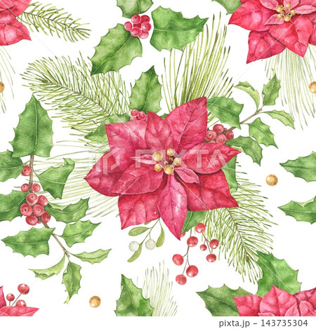 Christmas watercolor pattern with large red poinsettia, pine sprigs, holly leaves, berries and golden accents. Suitable for holiday cards, gift wrapping, festive stationery and seasonal packaging. Christmas watercolor pattern with large red poinsettia, pine sprigs, holly leaves, berries and golden accents. Suitable for holiday cards, gift wrapping, festive stationery and seasonal packaging. 143735304