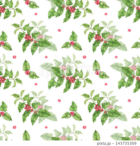 Seamless Christmas watercolor pattern with holly branches, green leaves, red berries and small red dots on white background. For wrapping paper, fabric, holiday cards, gift wrap and festive decor. 143735309