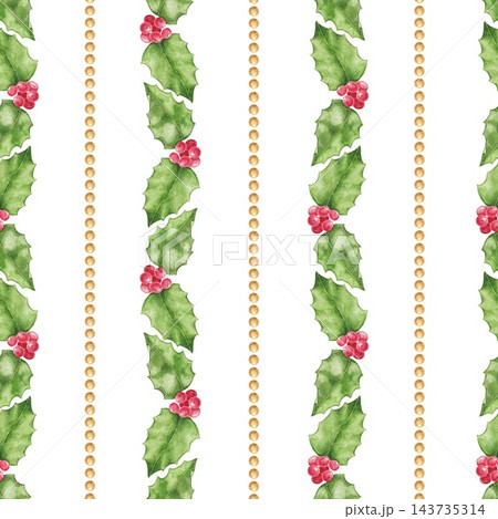 Seamless watercolor pattern with vertical holly leaf garlands, red berries and golden pearl bead stripes. Christmas print for wrapping paper, fabric, holiday cards, gift wrap and festive decor. Seamless watercolor pattern with vertical holly leaf garlands, red berries and golden pearl bead stripes. Christmas print for wrapping paper, fabric, holiday cards, gift wrap and festive decor. 143735314