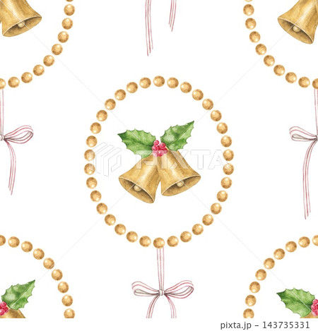 Seamless watercolor pattern with golden bells, holly leaves, red berries, pearl round frames and pink ribbon bows. Christmas print for wrapping paper, fabric, holiday cards, gift wrap and decor. 143735331