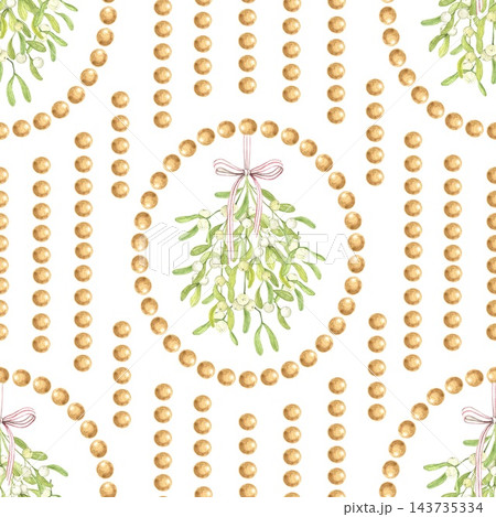 Seamless Christmas watercolor pattern with mistletoe bunches, pink ribbon bows, golden pearl oval frames and vertical bead rows. For wrapping paper, fabric, cards, wedding stationery and gift wrap. 143735334