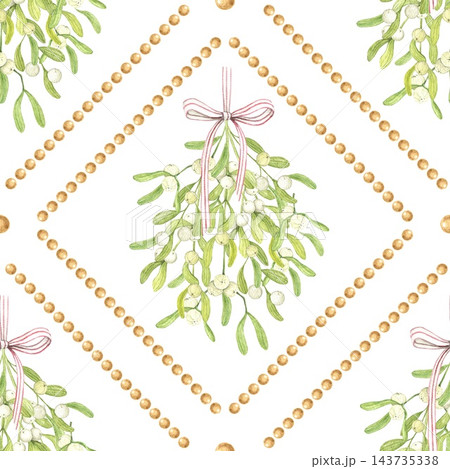 Seamless Christmas watercolor pattern with mistletoe bunches, white berries, pink ribbon bows and golden pearl diamond frames. For wrapping paper, fabric, cards, wedding stationery and decor. Seamless Christmas watercolor pattern with mistletoe bunches, white berries, pink ribbon bows and golden pearl diamond frames. For wrapping paper, fabric, cards, wedding stationery and decor. 143735338