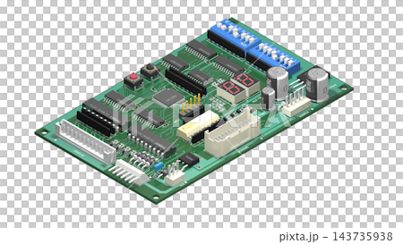 【アイソメトリック素材】長方形の電子基板（プリント基板）透明PNG 143735938