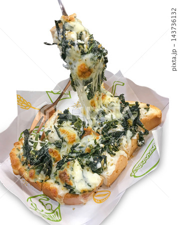 Baked Spinach with Cheese Toast with Melted Mozzarella Stretched on a Fork Isolated on White Background 143736132
