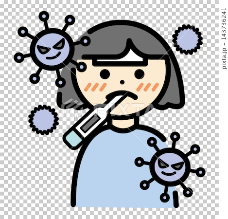 Illustration of a girl with a fever and a virus Illustration of a girl with a fever and a virus 143736241