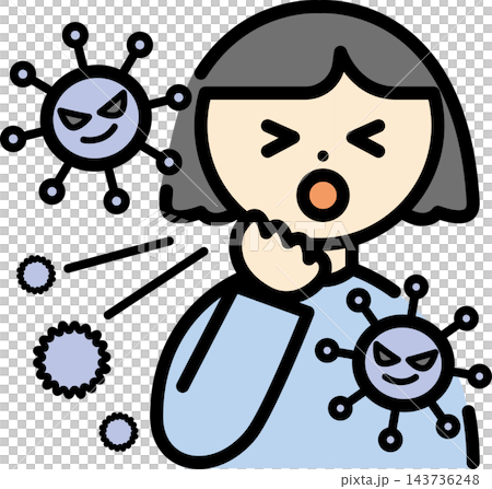 插圖描繪了一個女孩咳嗽、打噴嚏,以及一種病毒。 插圖描繪了一個女孩咳嗽、打噴嚏,以及一種病毒。 143736248