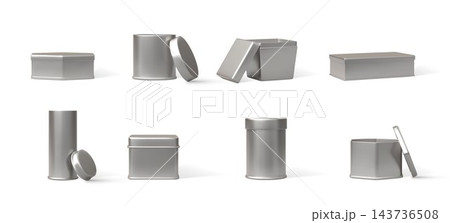 Tin can. Aluminium metal cookie packaging, silver candy can or 3d square tea, empty silver canister, lid container for organization and product presentation. Glossy steel jar. Vector mockup 143736508