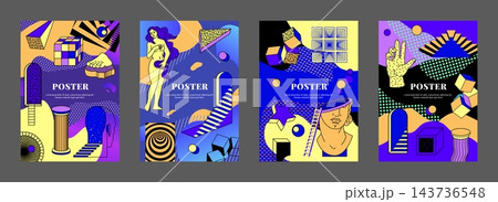 Surreal poster set. Colorful abstract compositions with geometric shapes, hands, stairs, creative cubes and art figures, contemporary graphic design. Vector cartoon isolated illustration Surreal poster set. Colorful abstract compositions with geometric shapes, hands, stairs, creative cubes and art figures, contemporary graphic design. Vector cartoon isolated illustration 143736548