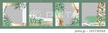 Botanical frame template. Watercolor and line leaf borders with transparent photo space, olive branches modern nature background for packaging, invitations and stationery vector illustration 143736568