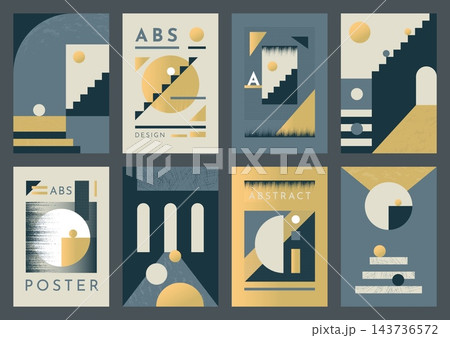 Abstract poster set. Geometric compositions with circles, stairs and textured blocks, modern graphic design. Vertical banner or prints collection. Typography branding identity. Vector set Abstract poster set. Geometric compositions with circles, stairs and textured blocks, modern graphic design. Vertical banner or prints collection. Typography branding identity. Vector set 143736572