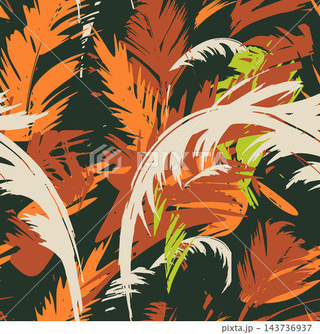 Seamless botanical background featuring stylized tropical leaves painted in expressive splashes and textured strokes, ideal for fabric, wrapping paper, and decorative surfaces for repeating use. Seamless botanical background featuring stylized tropical leaves painted in expressive splashes and textured strokes, ideal for fabric, wrapping paper, and decorative surfaces for repeating use. 143736937