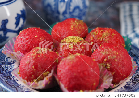 Strawberry Laddus traditional Indian sweet in a plate  143737605