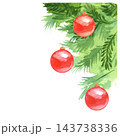 Christmas Corner Watercolor Illustration with Evergreen Branches and Red Ornaments 143738336