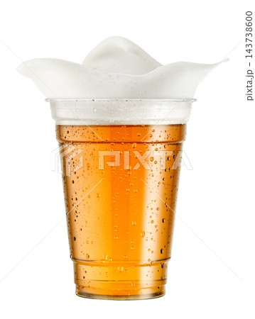 Splash of beer in fogged up disposable plastic cup isolated PNG on transparent background 143738600