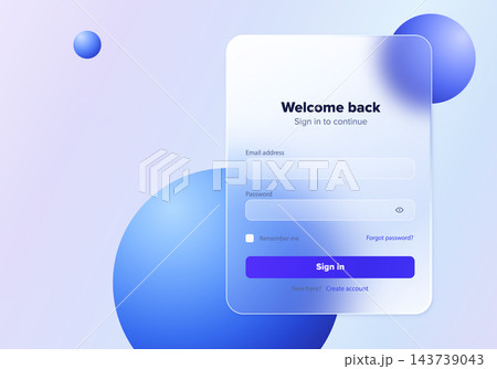 Glassmorphism login form with translucent panel, blue spheres and sign in fields for modern web, app and user interface design. 143739043