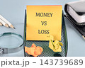 A note reading money versus loss sits in a desk organizer beside pencils, a magnifying glass, and a notebook during a work session 143739689