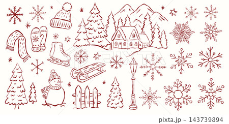 Winter Christmas Village and Snowflake Line Art Set Winter Christmas Village and Snowflake Line Art Set 143739894